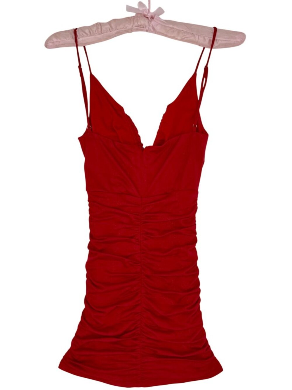 Lucy In The Sky Red Shimmer Deep V-Neck Ruched Bodycon Mini Dress XXS | Baddie - Picture 14 of 16
